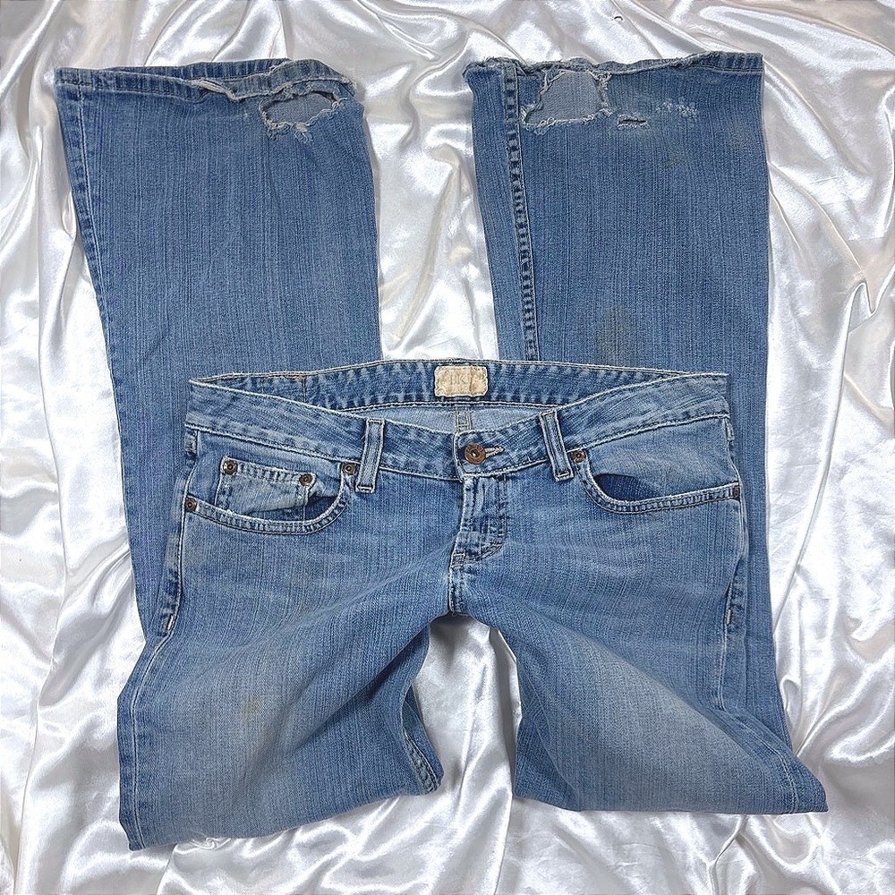 y2k BKE Jeans Blue Fair Distressed Low Rise Flare Embroidered Slim Stretch